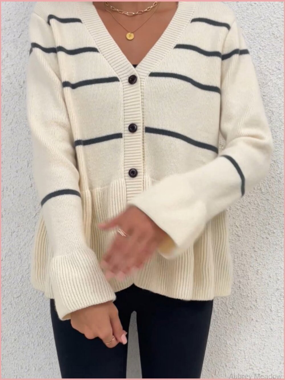 Striped V-Neck Cardigan with Flared Hem - Soft Knit Button Down - Picture 7 of 7
